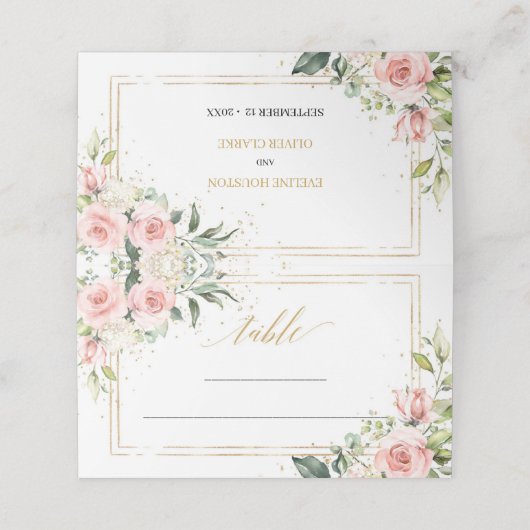 Kalligrafie blush roze rozen eucalyptus goud lijst plaatskaartje (Buitenkant ongevouwen)
