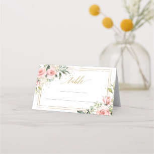 Kalligrafie blush roze rozen eucalyptus goud lijst plaatskaartje