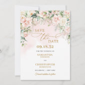 Kalligrafie blush roze rozen eucalyptus goud save the date (Voorkant)