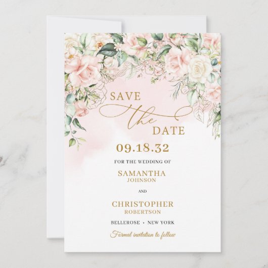 Kalligrafie blush roze rozen eucalyptus goud save the date (Voorkant)