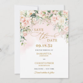 Kalligrafie blush roze rozen eucalyptus goud save the date