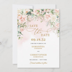 Kalligrafie blush roze rozen eucalyptus goud save the date
