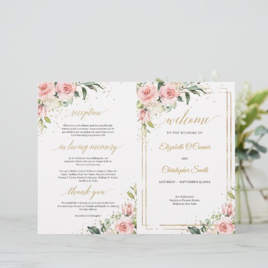 Kalligrafie blush roze rozen goud gevouwen program (Staand voorkant)