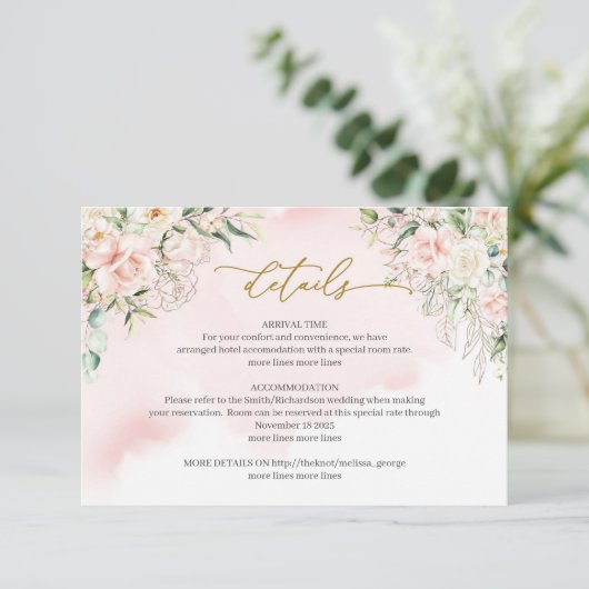 Kalligrafie blush roze rozen groen details kaart (Staand voorkant)