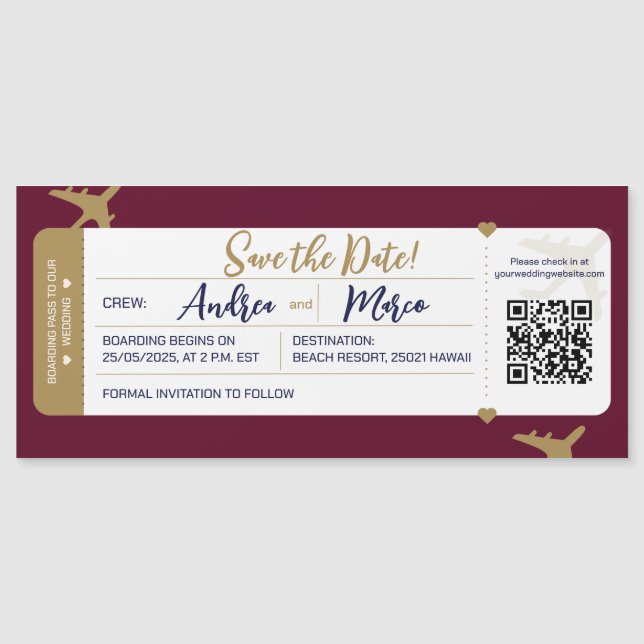 Kalligrafie Boarding Pass Bruiloft Save the Date (Voorkant)
