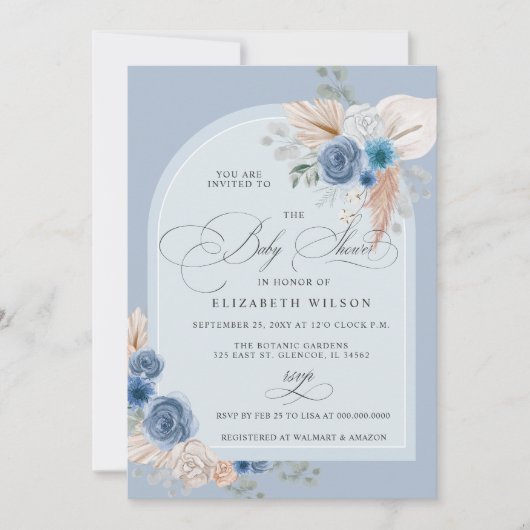 Kalligrafie Boho Dusty Blue Pampas Baby shower Kaart (Voorkant)