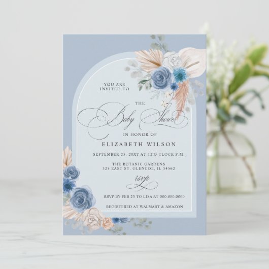 Kalligrafie Boho Dusty Blue Pampas Baby shower Kaart (Staand voorkant)