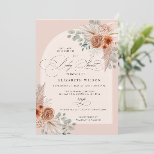 Kalligrafie Boho Terracotta Pampas Baby shower Kaart (Staand voorkant)