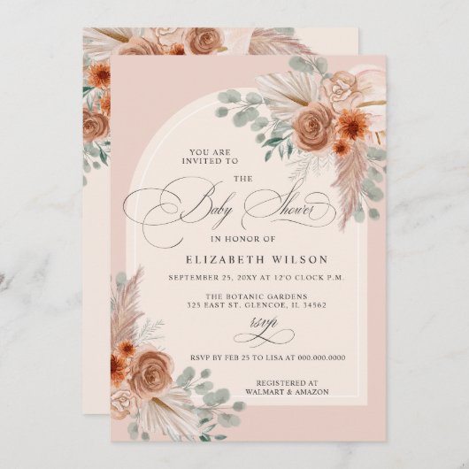 Kalligrafie Boho Terracotta Pampas Baby shower Kaart (Voorkant / Achterkant)