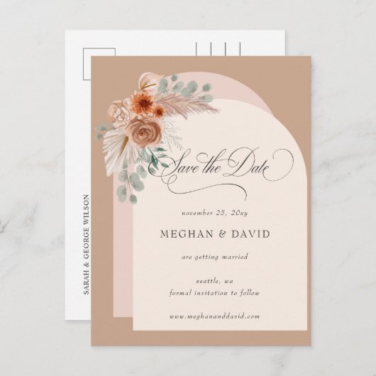 Kalligrafie Boho Terracotta Pampas Save the Date Aankondigingskaart (Voorkant / Achterkant)