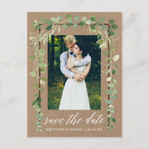 Kalligrafie Botanisch Save The Date Hout Kraft Aankondigingskaart