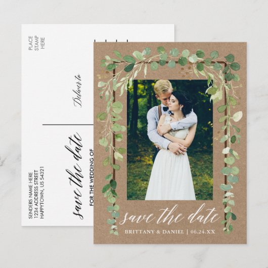 Kalligrafie Botanisch Save The Date Hout Kraft Aankondigingskaart (Voorkant / Achterkant)