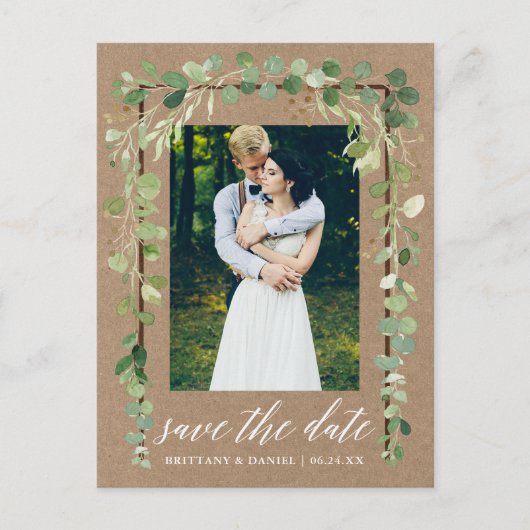 Kalligrafie Botanisch Save The Date Hout Kraft Aankondigingskaart (Voorkant)