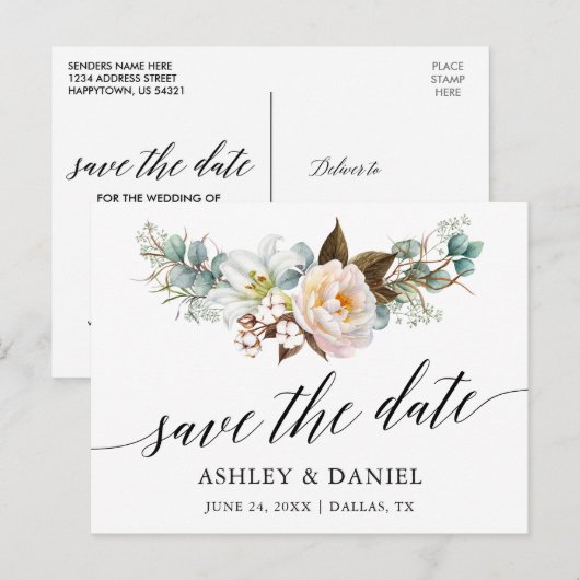 Kalligrafie Botanische Bloemen Bewaar de datum Briefkaart (Voorkant / Achterkant)