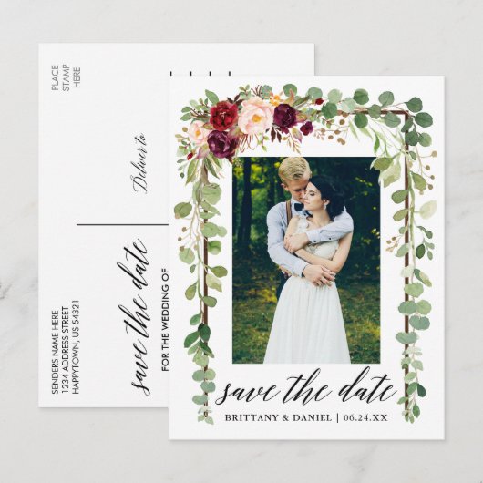 Kalligrafie Botanische Bloemen Save The Date Wood Aankondigingskaart (Voorkant / Achterkant)