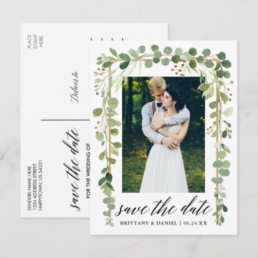 Kalligrafie Botanische Goud Save The Date Foto Aankondigingskaart (Voorkant / Achterkant)