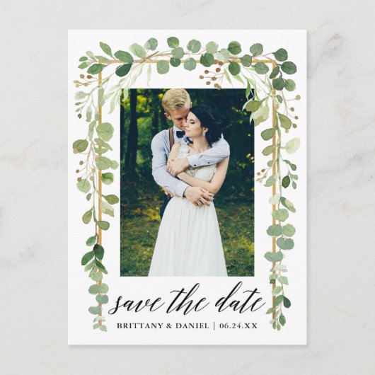 Kalligrafie Botanische Goud Save The Date Foto Aankondigingskaart (Voorkant)