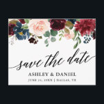 Kalligrafie Bourgogne Blauw Bloemen Save The Date Briefkaart<br><div class="desc">Moderne elegante kalligrafie,  Waterverf Bourgondië Marsala Blauw Bloemen Bruiloft Save The Date Briefkaart</div>