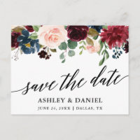 Kalligrafie Bourgogne Blauw Bloemen Save The Date