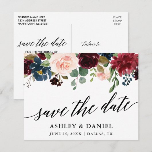 Kalligrafie Bourgogne Blauw Bloemen Save The Date Briefkaart (Voorkant / Achterkant)