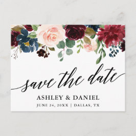 Kalligrafie Bourgogne Blauw Bloemen Save The Date Briefkaart