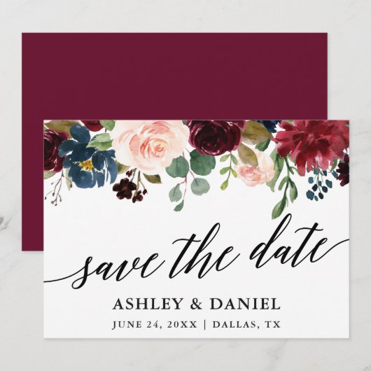 Kalligrafie Bourgogne Blauw Save The Date Kaart (Voorkant / Achterkant)