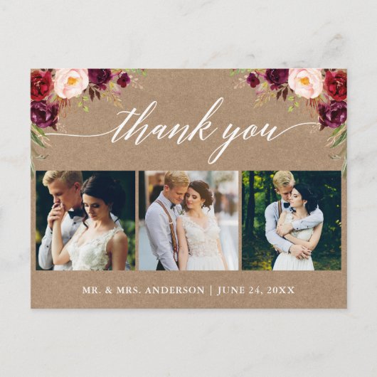 Kalligrafie Bourgogne bruiloft foto dank u Kraft Briefkaart (Voorkant)