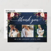 Kalligrafie Bourgondi Trouwblauw Houten Bedankt Briefkaart (Voorkant / Achterkant)