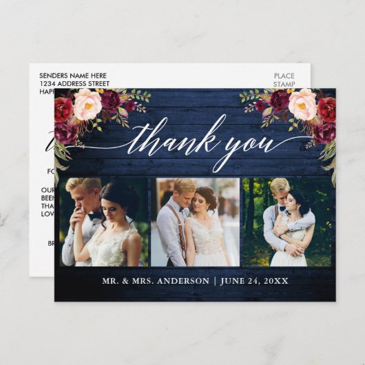 Kalligrafie Bourgondi Trouwblauw Houten Bedankt Briefkaart (Voorkant / Achterkant)