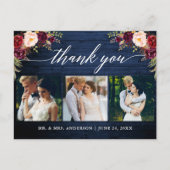 Kalligrafie Bourgondi Trouwblauw Houten Bedankt Briefkaart (Voorkant)