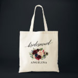 Kalligrafie Bourgondië Blauw Bloemen Bruidsmeisje  Tote Bag<br><div class="desc">Moderne Elegante Kalligrafie,  Waterverf Bourgondië Marsala Blauw Roze Bloemen Bruidsmeisje Naam Canvas tas</div>