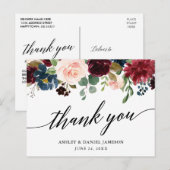 Kalligrafie Bourgondië Blauw Bloemen Bruiloft Dank Briefkaart (Voorkant / Achterkant)