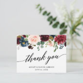 Kalligrafie Bourgondië Blauw Bloemen Bruiloft Dank Briefkaart (Staand voorkant)