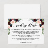 Kalligrafie Bourgondië Blauw Bloemen Bruiloft Deta Informatiekaartje (Voorkant / Achterkant)