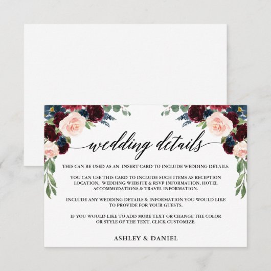 Kalligrafie Bourgondië Blauw Bloemen Bruiloft Deta Informatiekaartje (Voorkant / Achterkant)