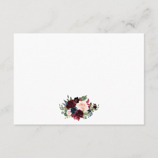 Kalligrafie Bourgondië Blauw Bloemen Bruiloft Deta Informatiekaartje (Achterkant)