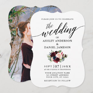 Kalligrafie Bourgondië Blauw Bloemen Foto Bruiloft Kaart