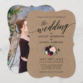 Kalligrafie Bourgondië Blauw Bloemen Foto Kraft Kaart