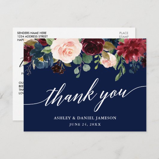 Kalligrafie Bourgondië Bloem Bruiloft Blauw Bedank Briefkaart (Voorkant / Achterkant)