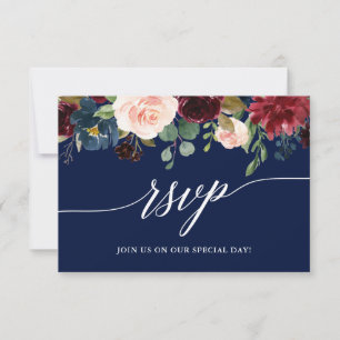 Kalligrafie Bourgondië Bloemenblauw Bruiloft RSVP  Kaartje