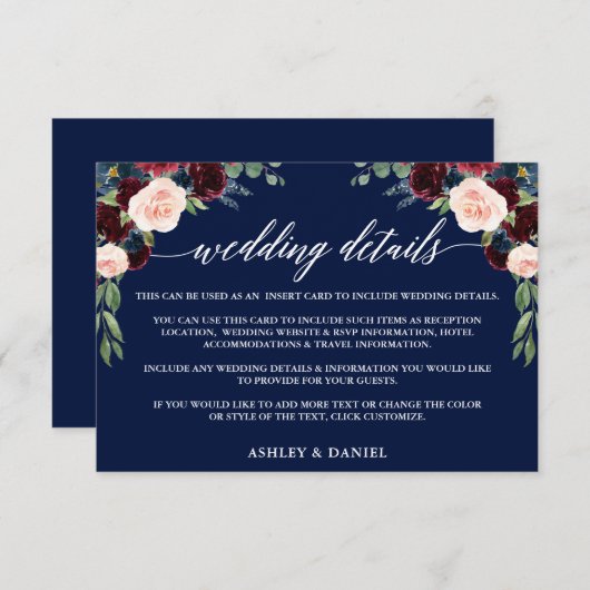 Kalligrafie Bourgondië Floral bruiloft details bla Informatiekaartje (Voorkant / Achterkant)