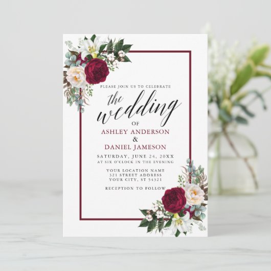 Kalligrafie Bourgondië Frame Groene Bloemige Bruil Kaart (Staand voorkant)