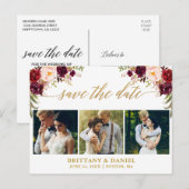 Kalligrafie Bourgondië Save the Date 3 Foto Goud Aankondigingskaart (Voorkant / Achterkant)