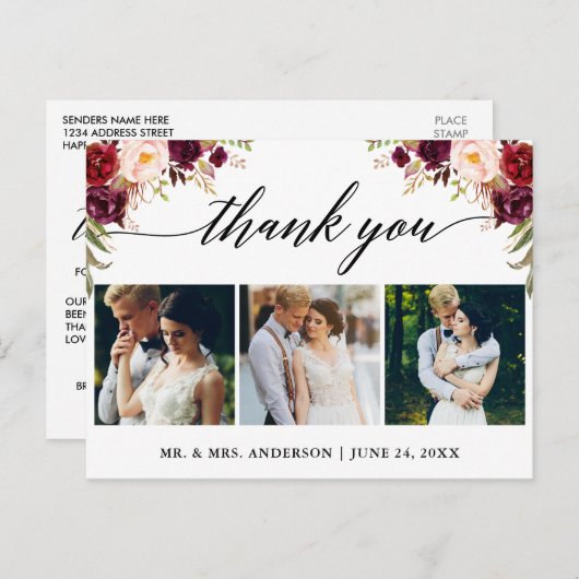 Kalligrafie Bourgondië Trouwfoto Bedankt Briefkaart (Voorkant / Achterkant)