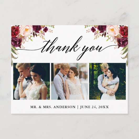 Kalligrafie Bourgondië Trouwfoto Bedankt Briefkaart (Voorkant)