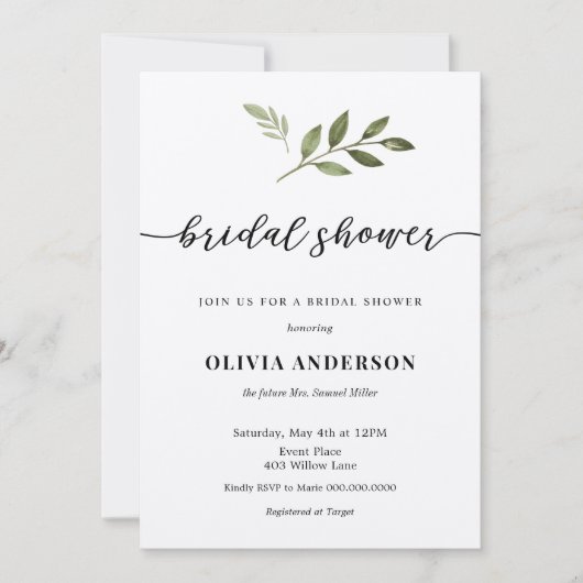 Kalligrafie Bruidsdouche uitnodiging met groen (Voorkant)