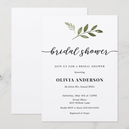 Kalligrafie Bruidsdouche uitnodiging met groen (Voorkant / Achterkant)