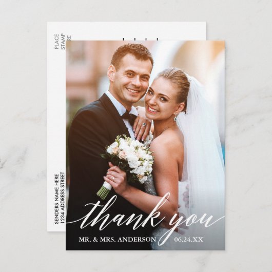 Kalligrafie bruiloft bruid bruidegom foto dank u briefkaart (Voorkant / Achterkant)