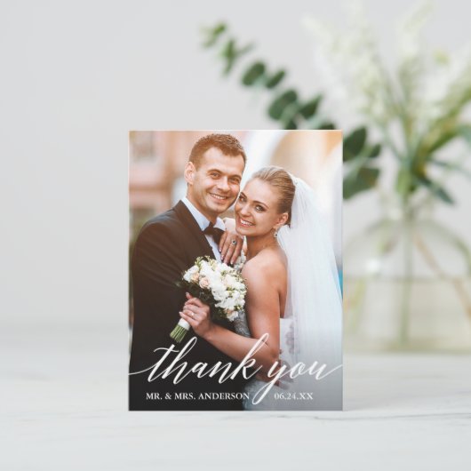 Kalligrafie bruiloft bruid bruidegom foto dank u briefkaart (Staand voorkant)