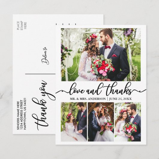Kalligrafie bruiloft collage 4 foto liefde Bedankt Briefkaart (Voorkant / Achterkant)